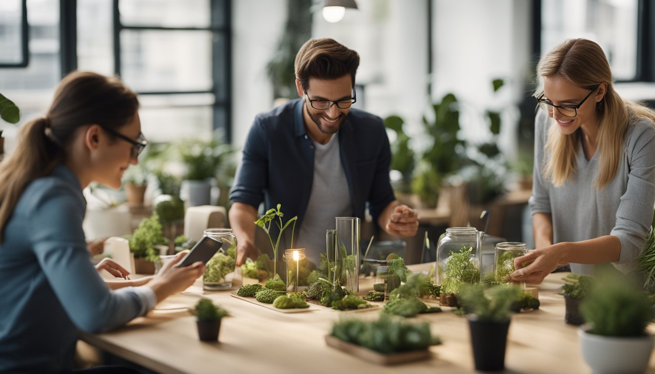 A group of people collaborating on a project, surrounded by sustainable and eco-friendly products. The atmosphere is energetic and purposeful, with a focus on making a positive impact