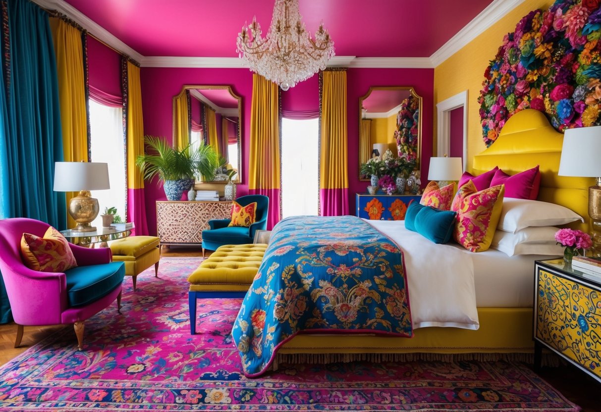 A bedroom bursting with vibrant colors, patterns, and textures. A mix of bold furniture, lavish fabrics, and eclectic decor creates a maximalist paradise