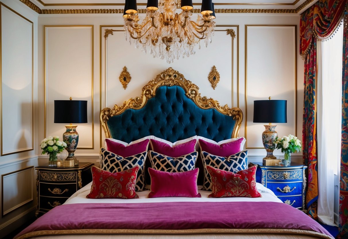 A luxurious, opulent velvet headboard takes center stage in a maximalist bedroom, surrounded by bold patterns, rich colors, and ornate decor