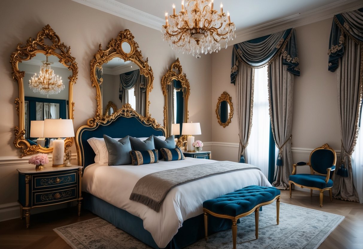 A luxurious bedroom with ornate gilded mirrors, opulent decor, and rich, maximalist design elements