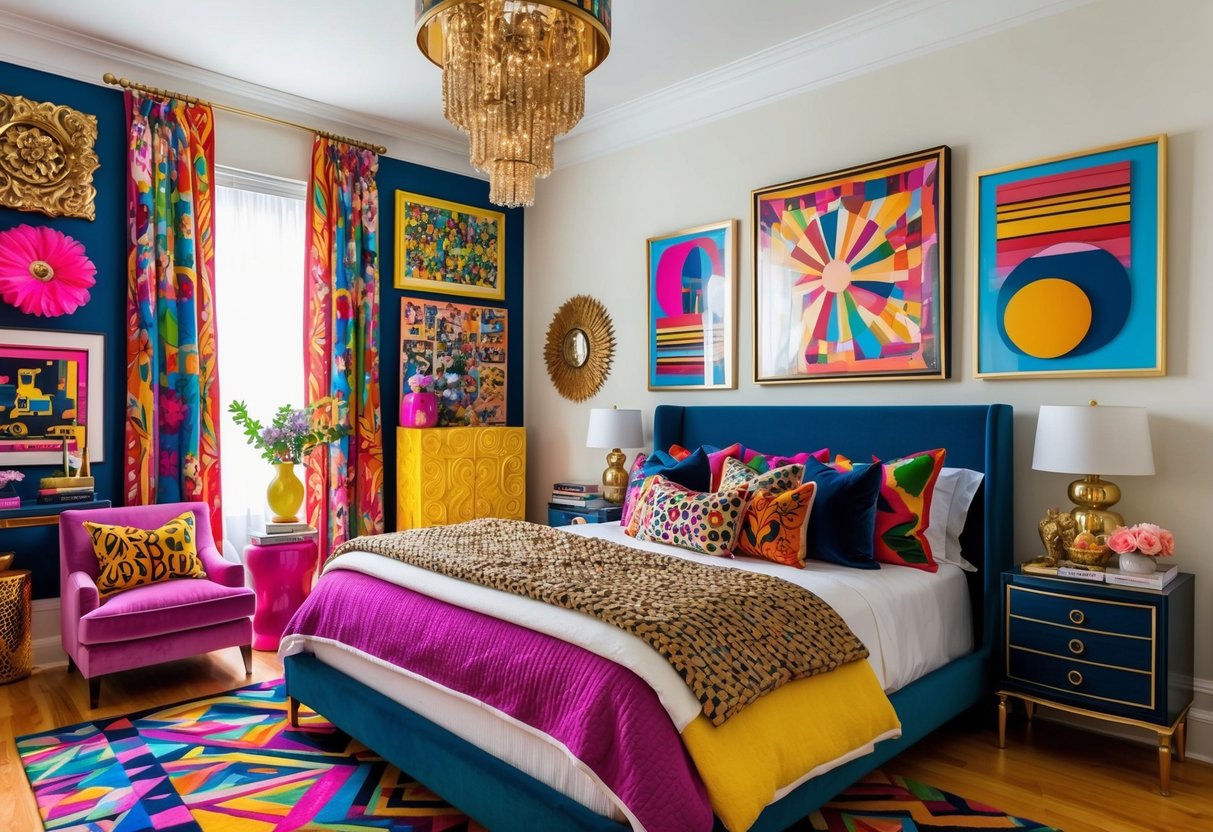 A bedroom filled with vibrant, eclectic art pieces, bold patterns, and luxurious textures. Rich colors and a mix of styles create a maximalist aesthetic