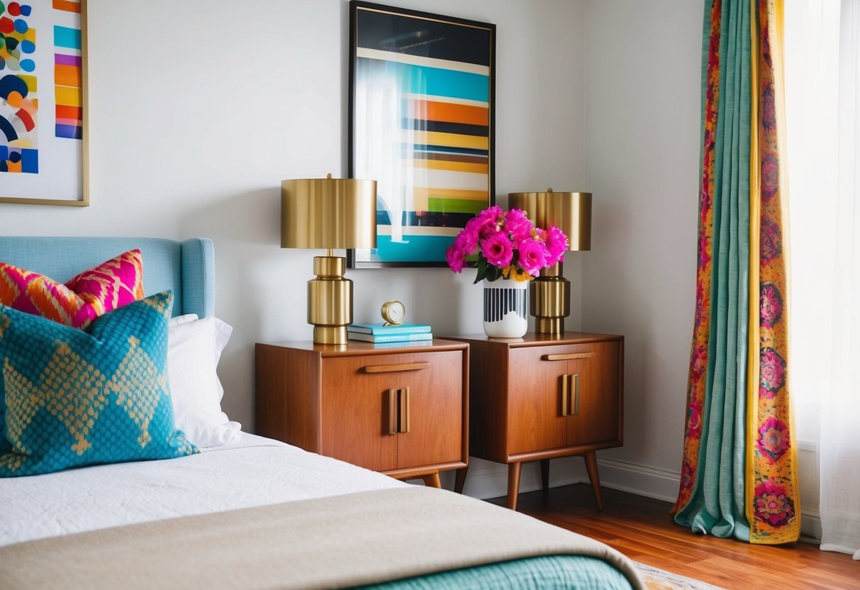 A bedroom with two Mid-Century Modern nightstands, adorned with maximalist decor and vibrant colors