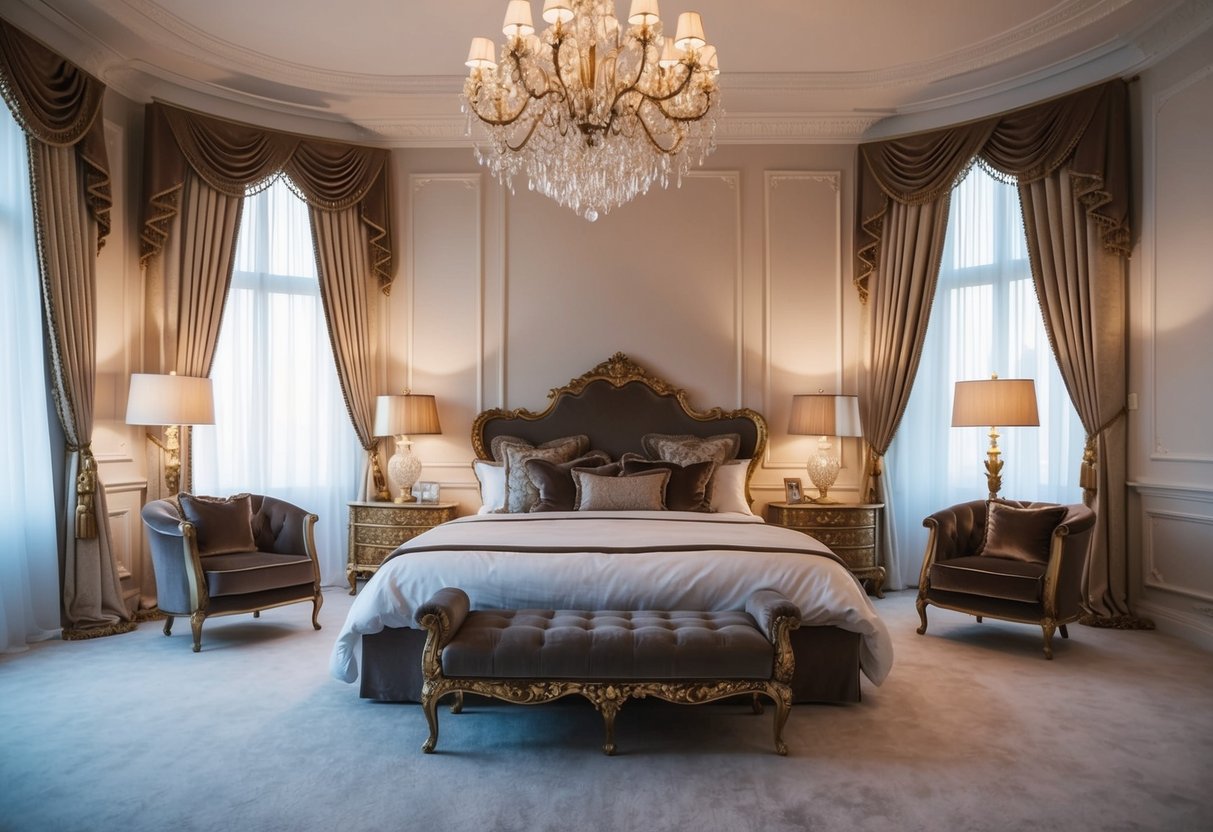 A grand bedroom with opulent floor lamps and maximalist decor