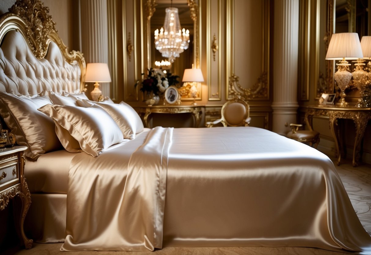 A grand bed with opulent satin sheets, surrounded by lavish decor and rich textures