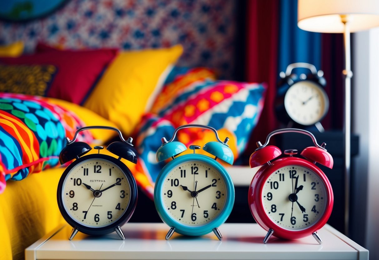 A cluttered bedroom with multiple retro alarm clocks on a nightstand, vibrant patterns, and bold colors