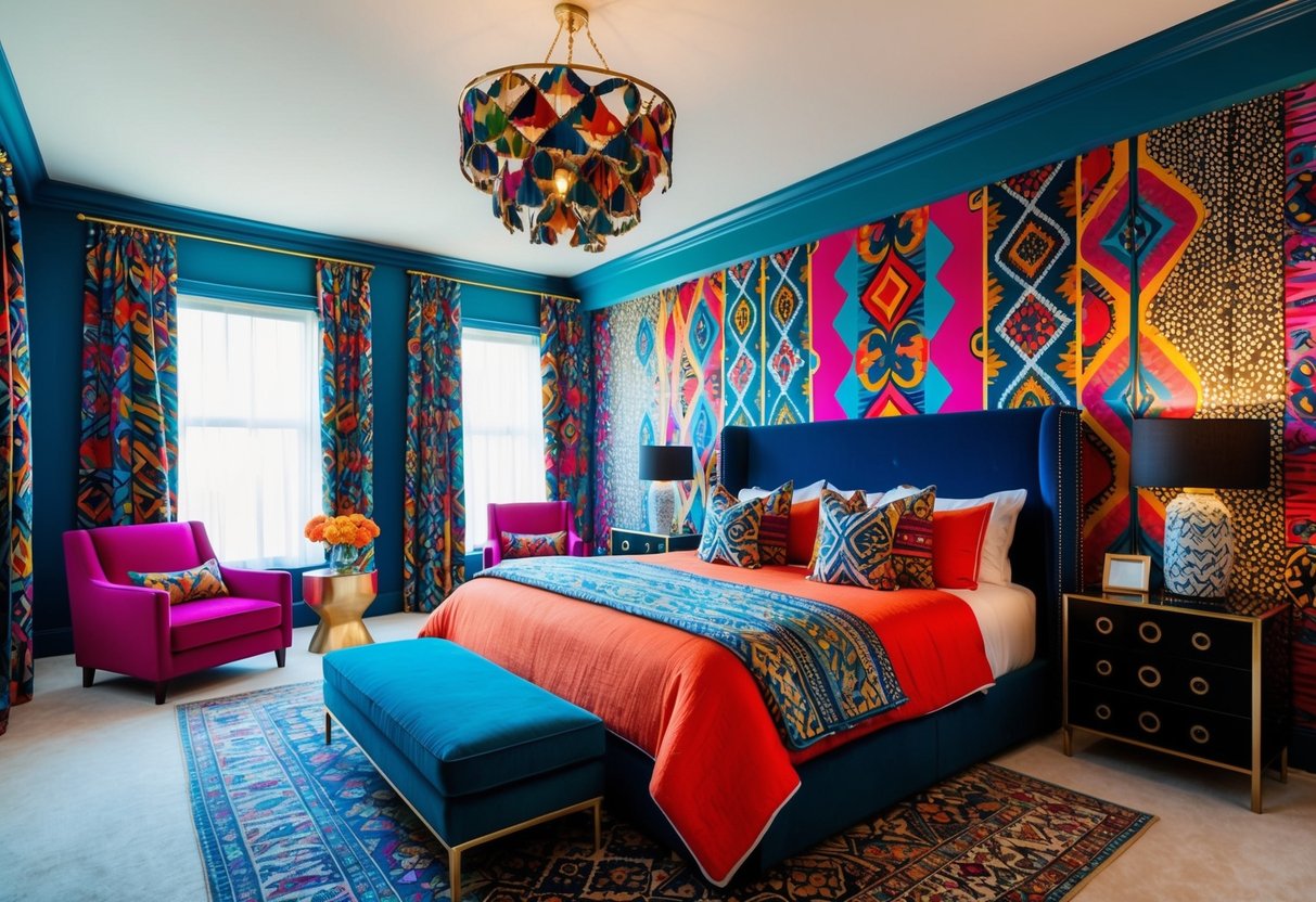 A spacious bedroom with vibrant, bold geometric patterns on the walls, bedding, and decor. Rich colors and intricate designs create a maximalist aesthetic