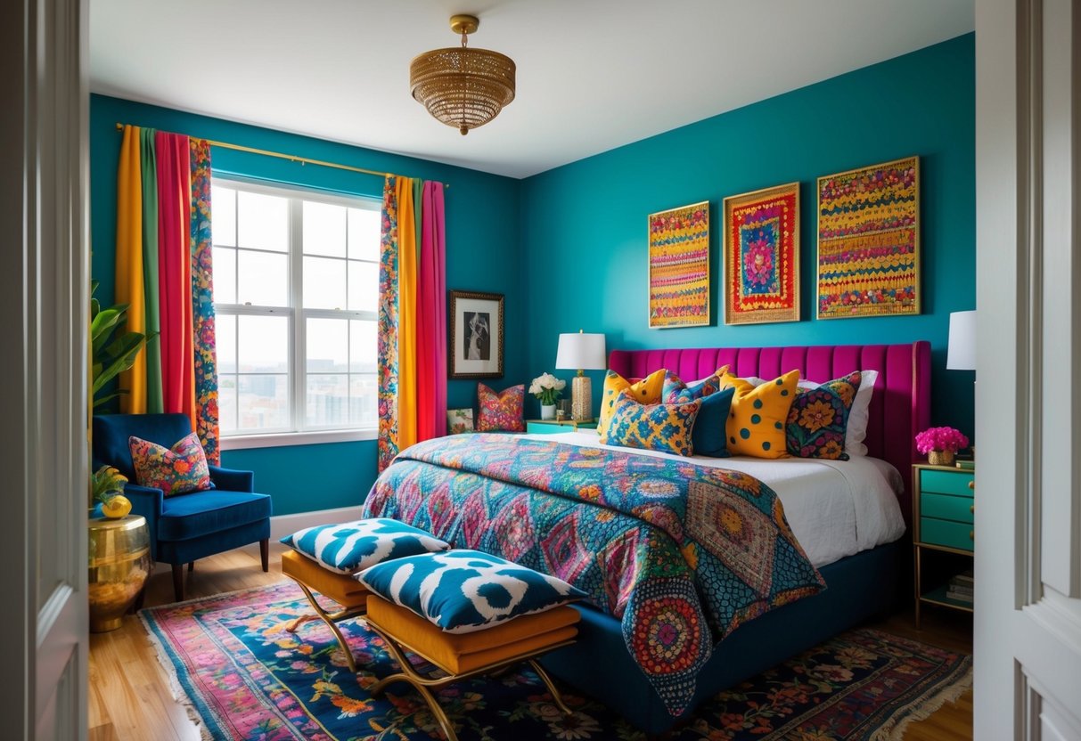 A bedroom filled with vibrant colors and bold patterns, from the walls to the bedding and decor. Rich textures and eclectic furnishings create a maximalist aesthetic