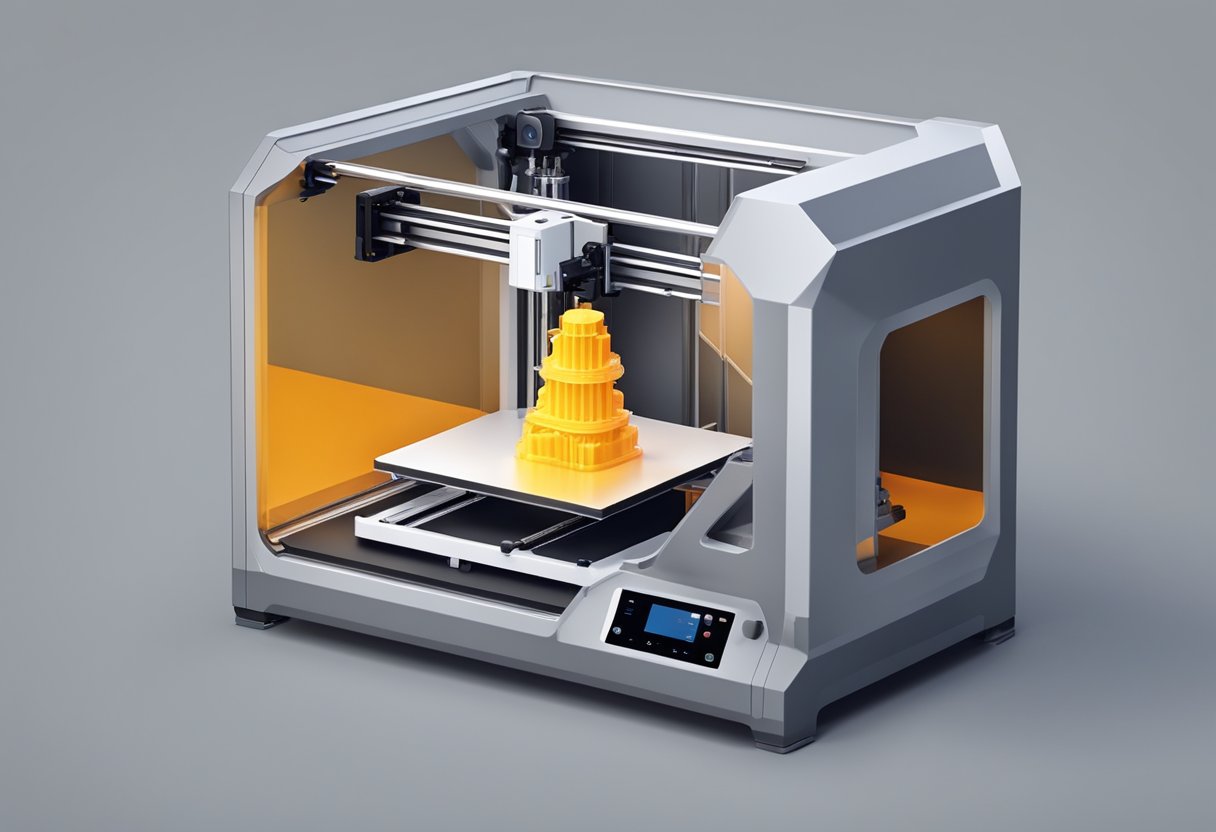 A 3D printer in operation, with precision parts moving and layering material, creating a detailed object with tight tolerances