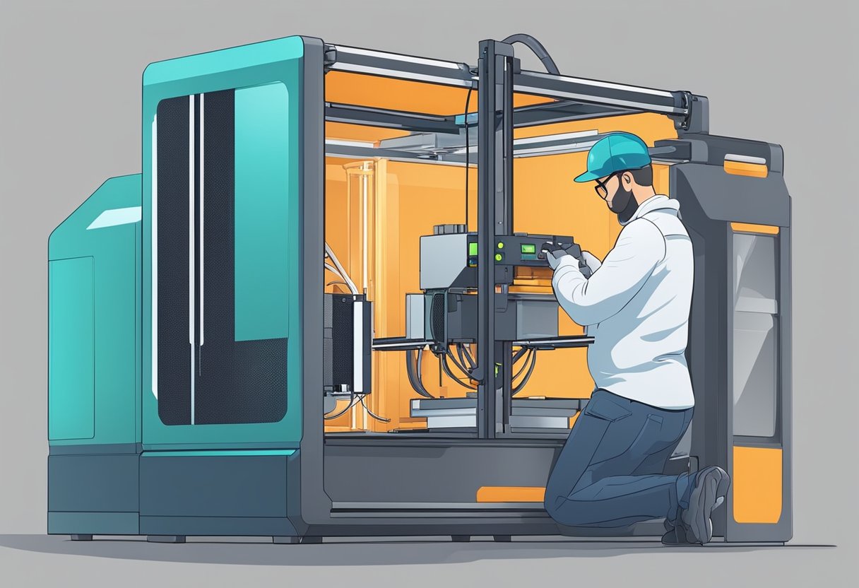 A technician calibrates a 3D printer, adjusting settings and measuring tolerances with precision tools