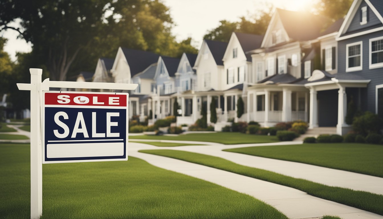 A suburban neighborhood with various styles of houses, a bank or mortgage office, and a real estate agent's "For Sale" sign