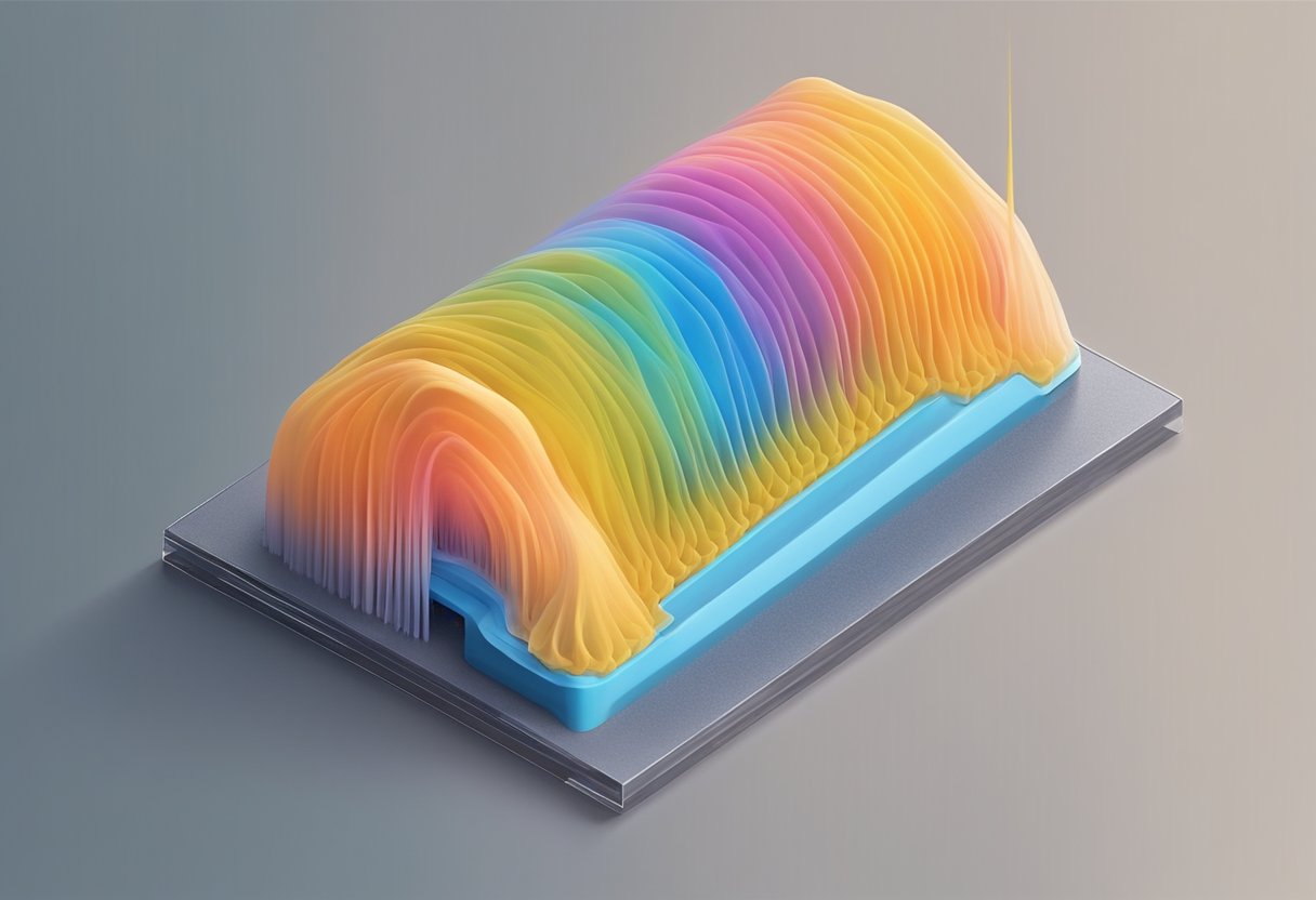 A 3D printer nozzle smooths and flattens the top layer of a printed object, emitting a thin stream of material over the surface