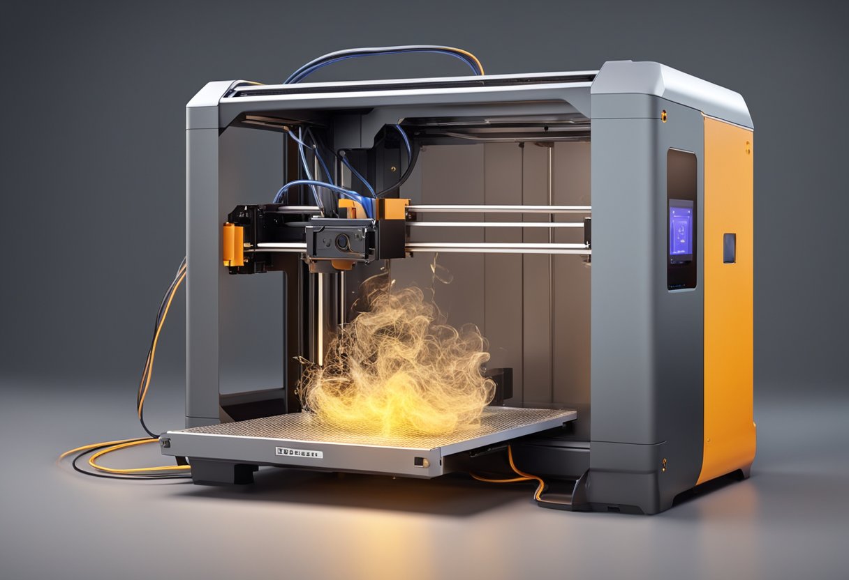 A 3D printer emitting smoke and sparks, with tangled filament and a jammed extruder