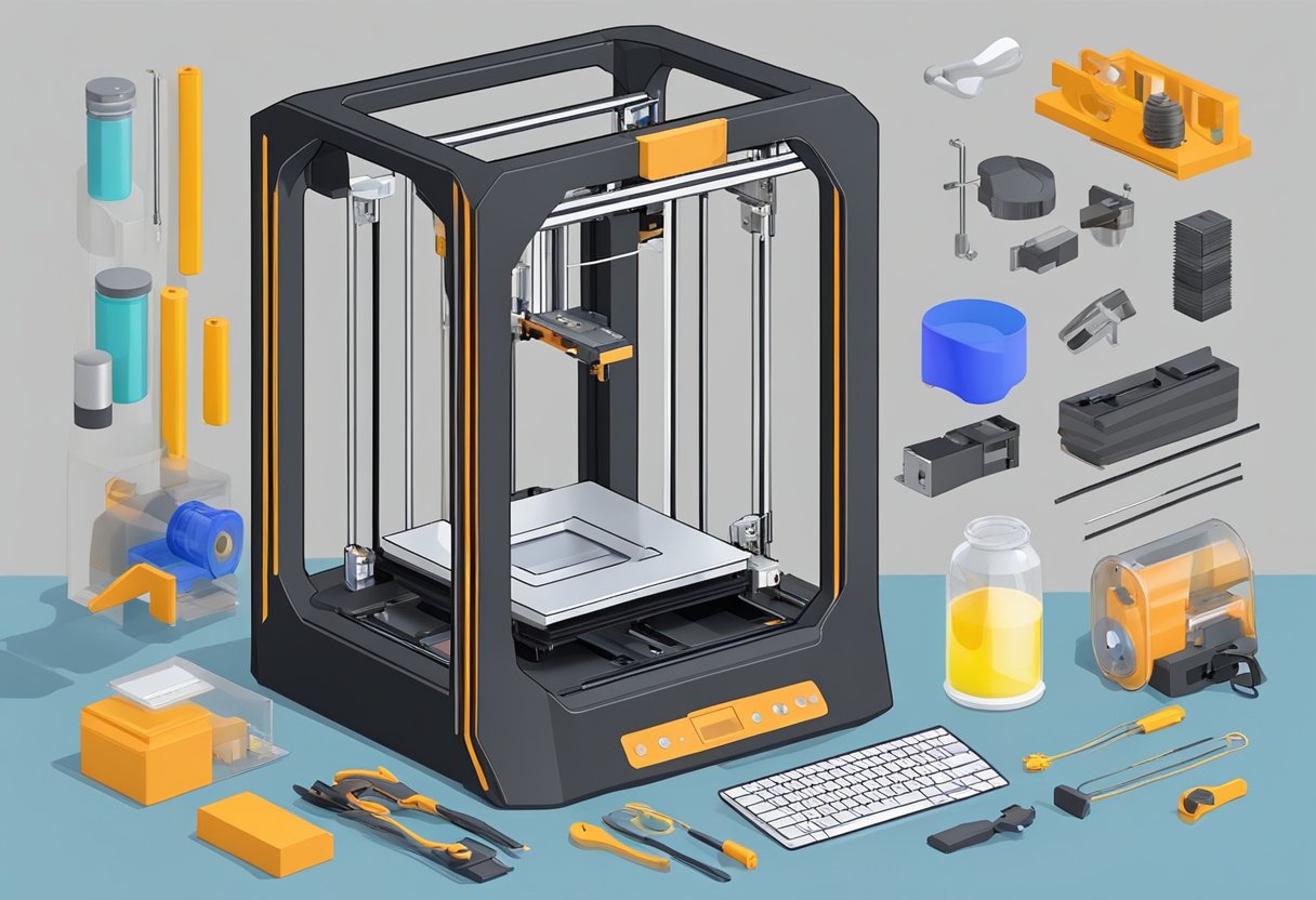 A 3D printer with visible components and wiring, surrounded by tools and materials for troubleshooting