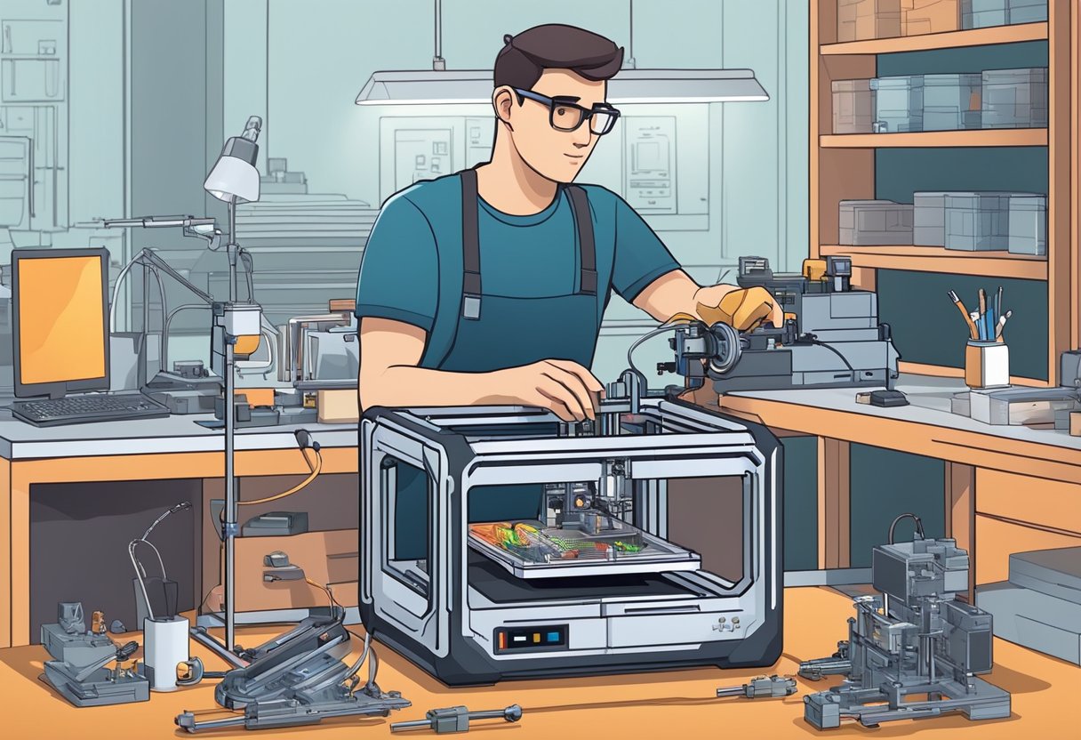 A technician examines a 3D printer, surrounded by tools and spare parts. The printer's components are visible, and the technician is troubleshooting the issue