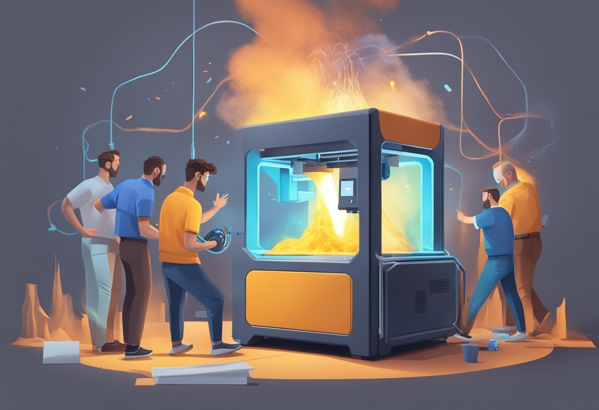 A 3D printer malfunctioning, emitting smoke and sparks, surrounded by frustrated technicians