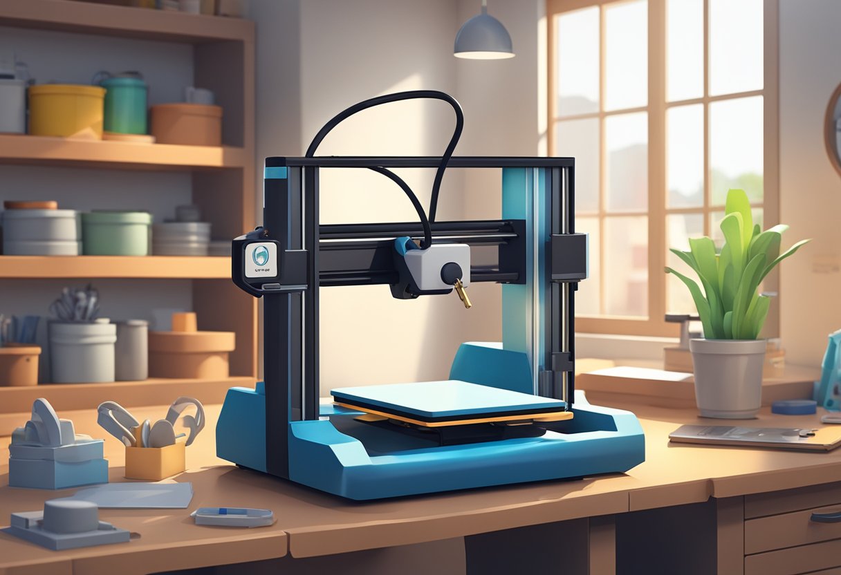 A small 3D printer creating a keychain in a well-lit workshop