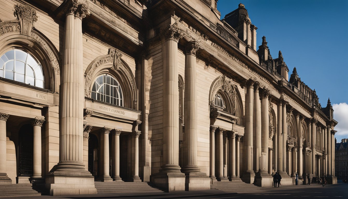 A grand stone building, adorned with intricate carvings, stands proudly on the edge of a bustling city street. Tall columns and arched windows give the Bank of Scotland a sense of timeless elegance