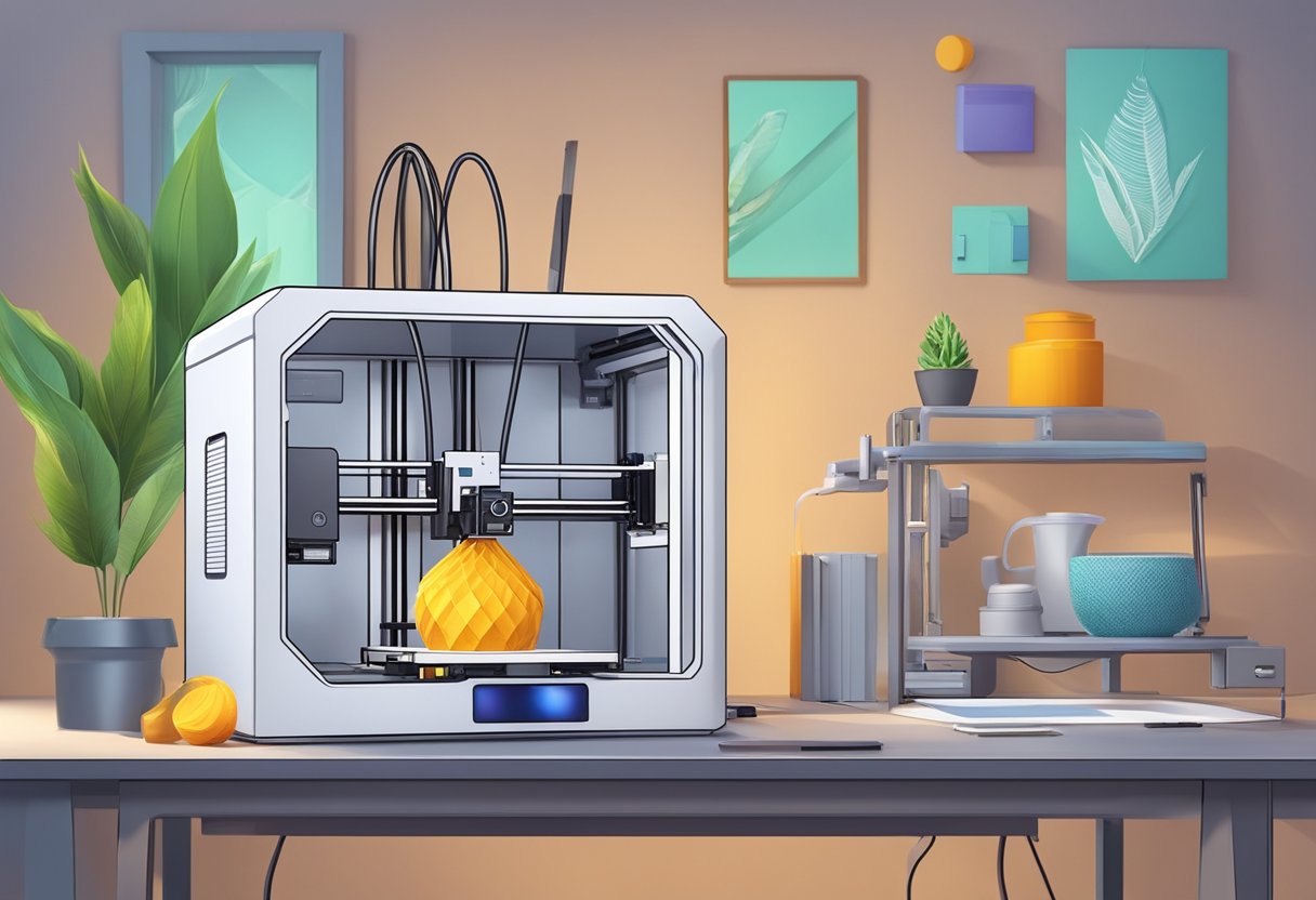 A 3D printer in action, creating various items with precision and detail