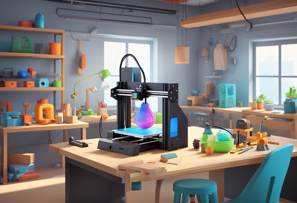 A 3D printer creating various items such as tools, toys, and prototypes on a workbench in a well-lit workshop