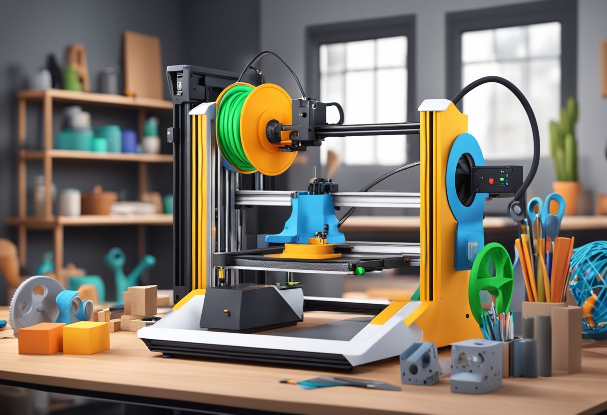 A 3D printer creating personalized and creative 3D projects in a workshop setting, surrounded by various tools and materials