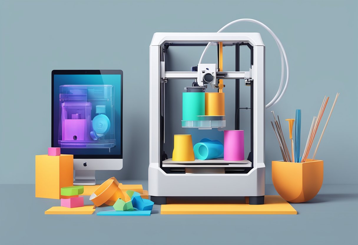 A 3D printer creating various items in a streamlined workflow