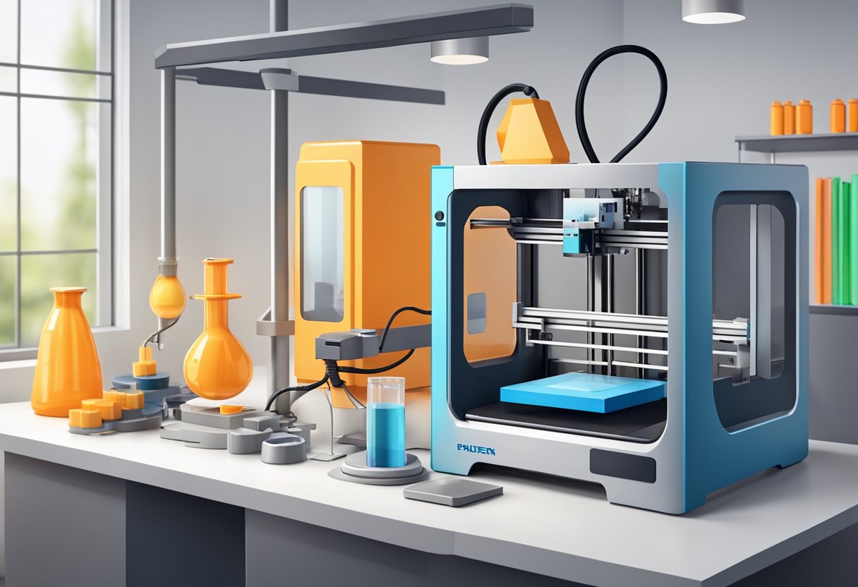 A 3D printer creating various objects in a modern laboratory setting