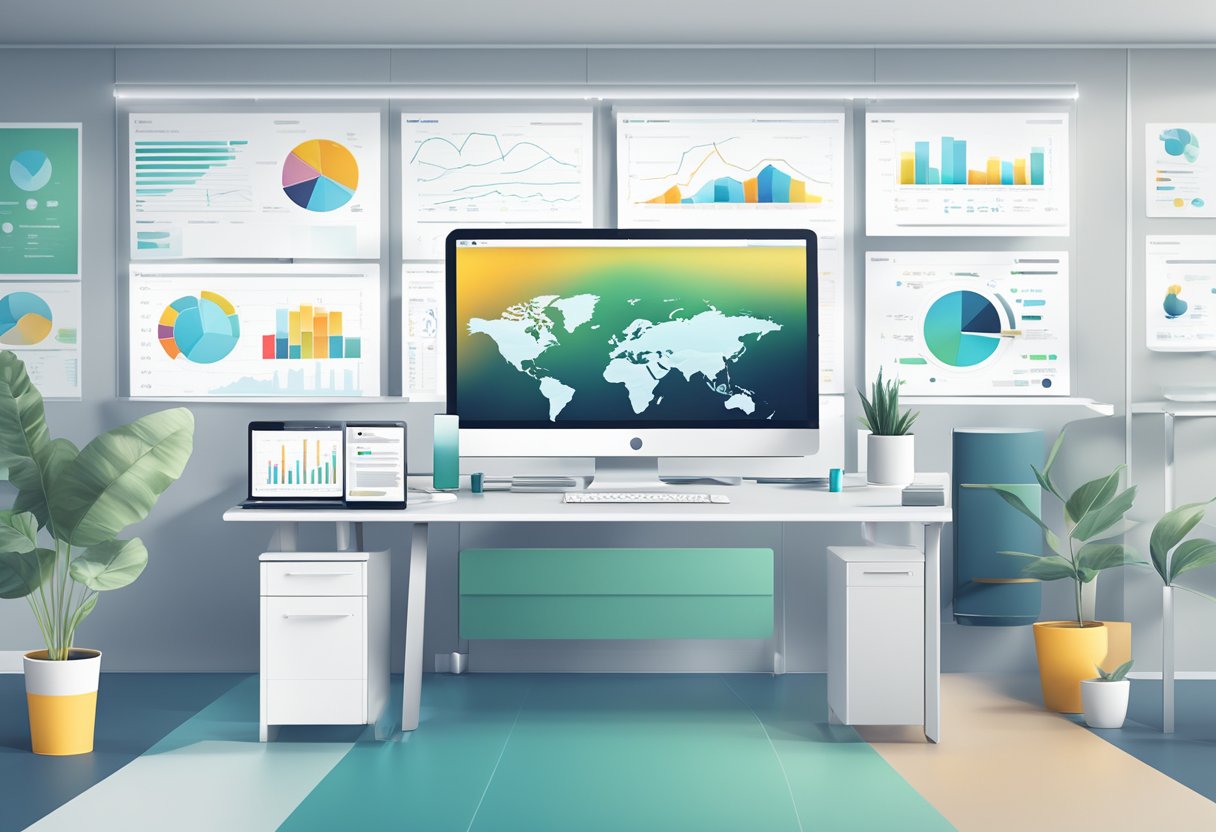 A sleek, modern office desk with a computer screen displaying a dynamic and visually appealing productivity dashboard. Graphs, charts, and data visualizations are prominently featured