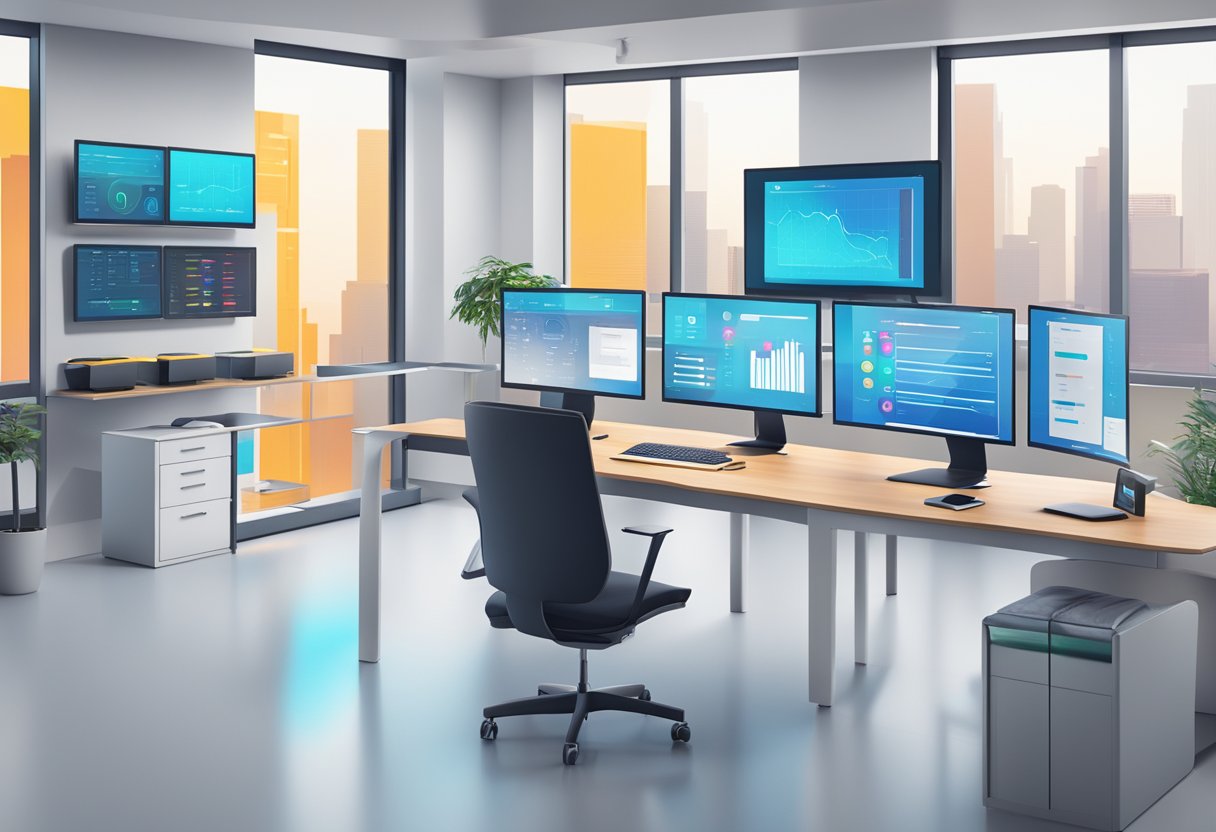 A sleek, modern office space with multiple computer screens displaying colorful and interactive productivity dashboards