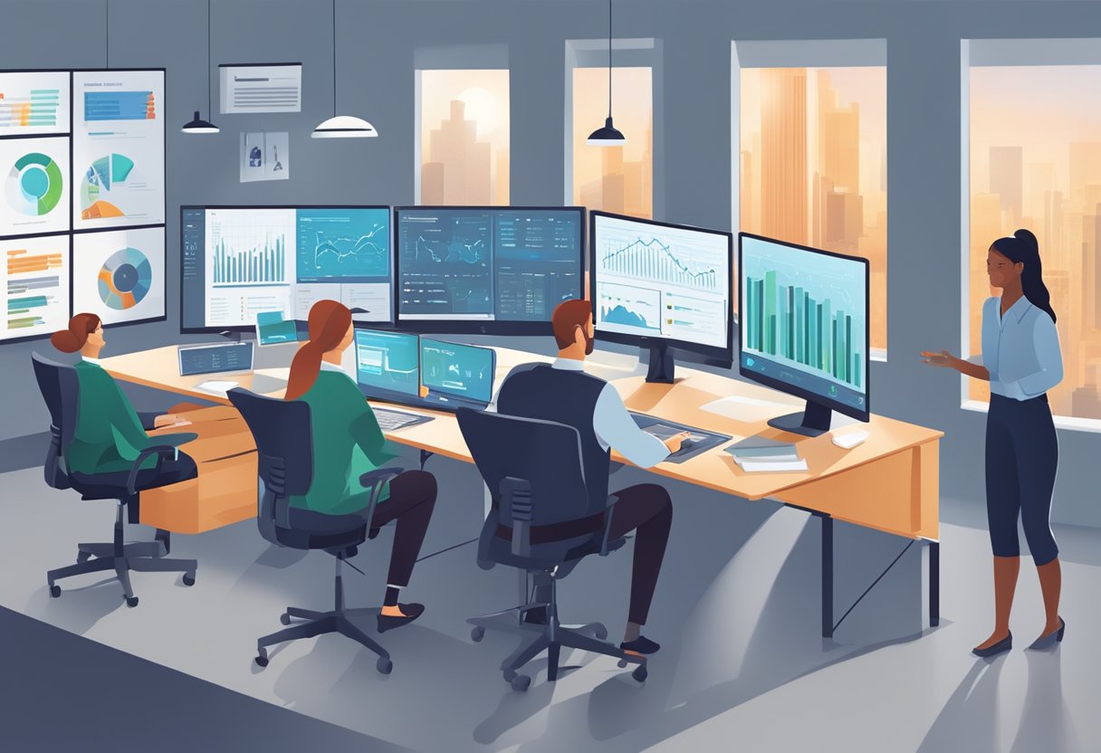 A bustling office with employees working at their desks, while a large digital dashboard displays real-time productivity metrics and charts on a big screen