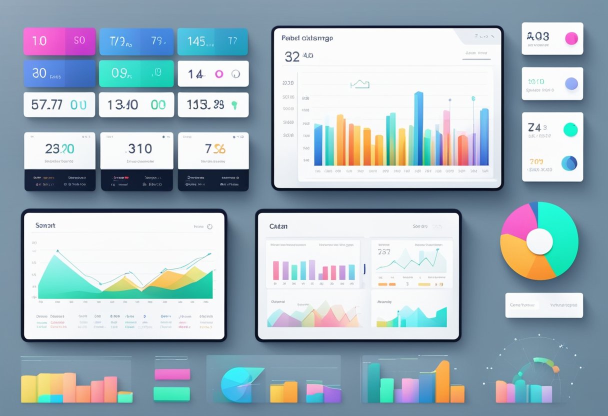 A sleek, modern dashboard interface displaying various charts and graphs, with vibrant colors and clear data visualization