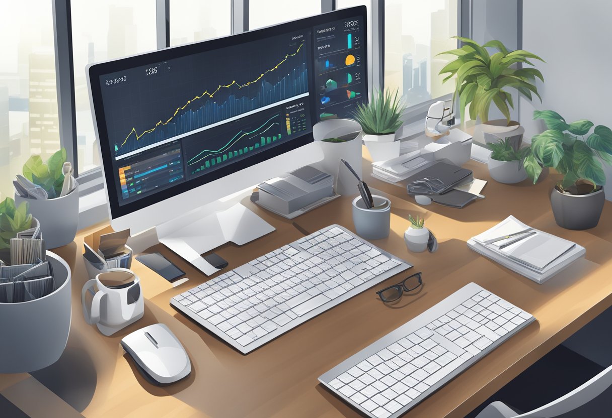 A sleek, modern office desk with a computer screen displaying a dynamic productivity dashboard. Charts, graphs, and key performance indicators are visible, showcasing the power of strategic utilization