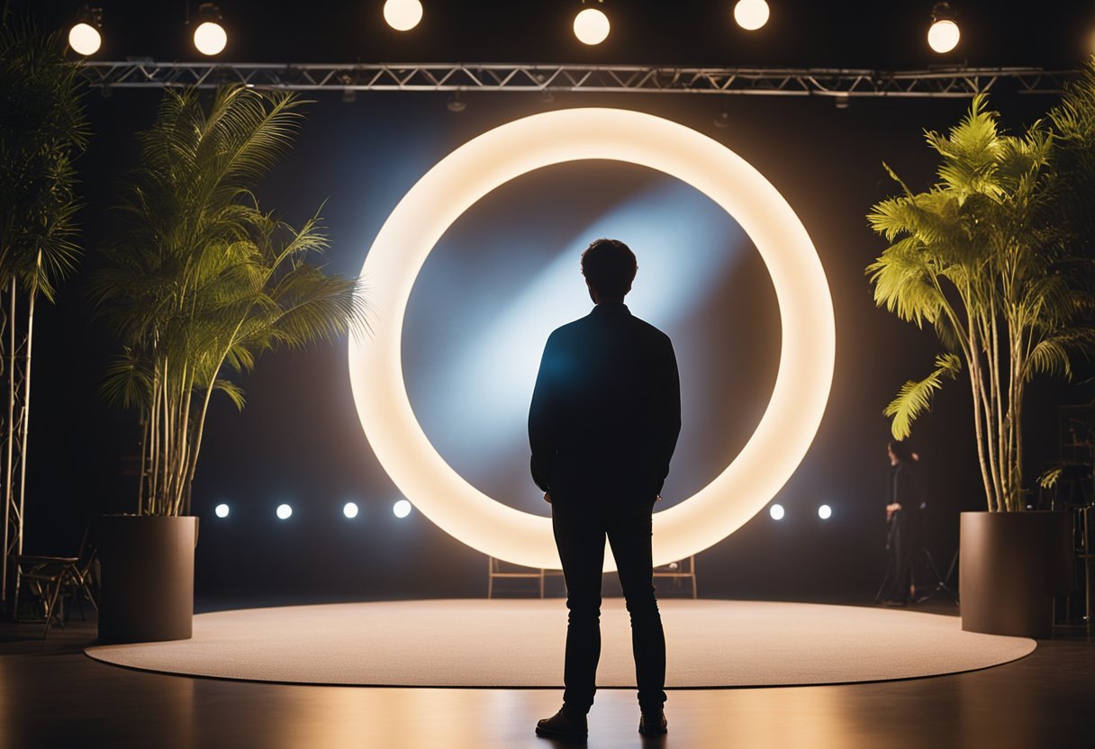 A person standing on a stage, surrounded by a circle of soft, glowing light. The stage is set with comfortable chairs and plants, creating a warm and inviting environment