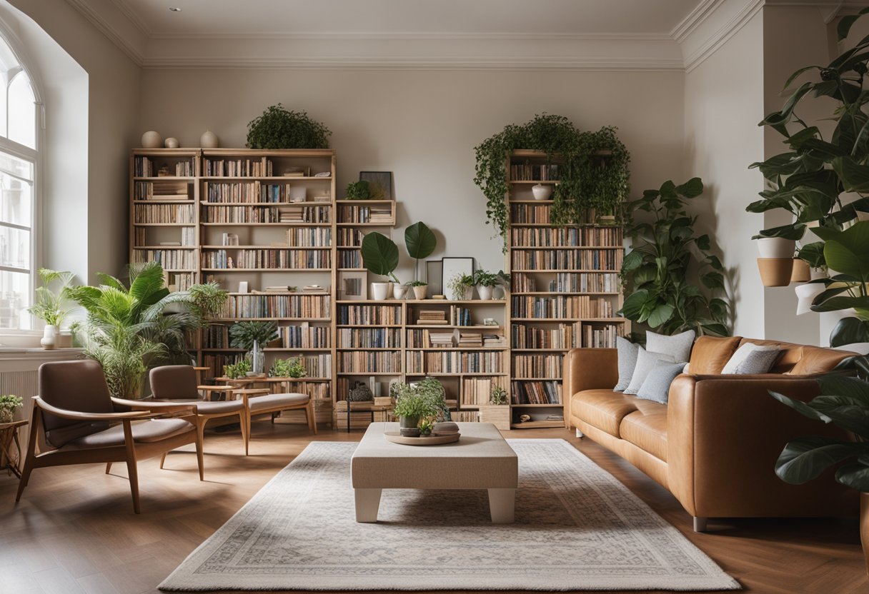 A cozy, well-lit room with comfortable seating and soft colors. Plants and artwork create a calming atmosphere, while a bookshelf full of books and a cozy rug invite relaxation and introspection