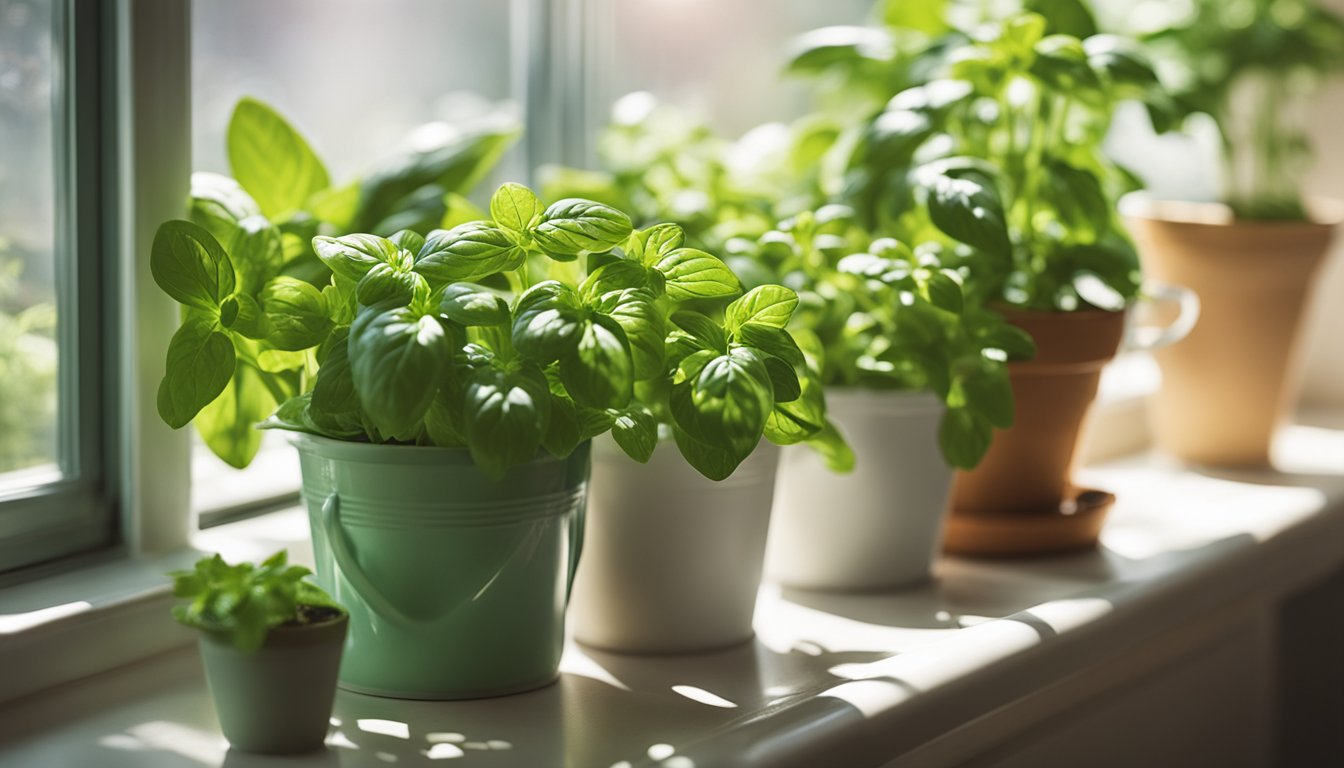 Sunlight streams into a bright kitchen, illuminating small pots of basil, mint, and parsley on the windowsill. A watering can and potted plants emphasize the ease of growing herbs indoors