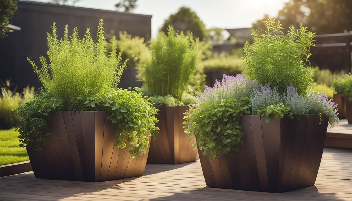 Large herb-filled planters on a wooden patio, with a sunny garden background, creating a relaxing outdoor space