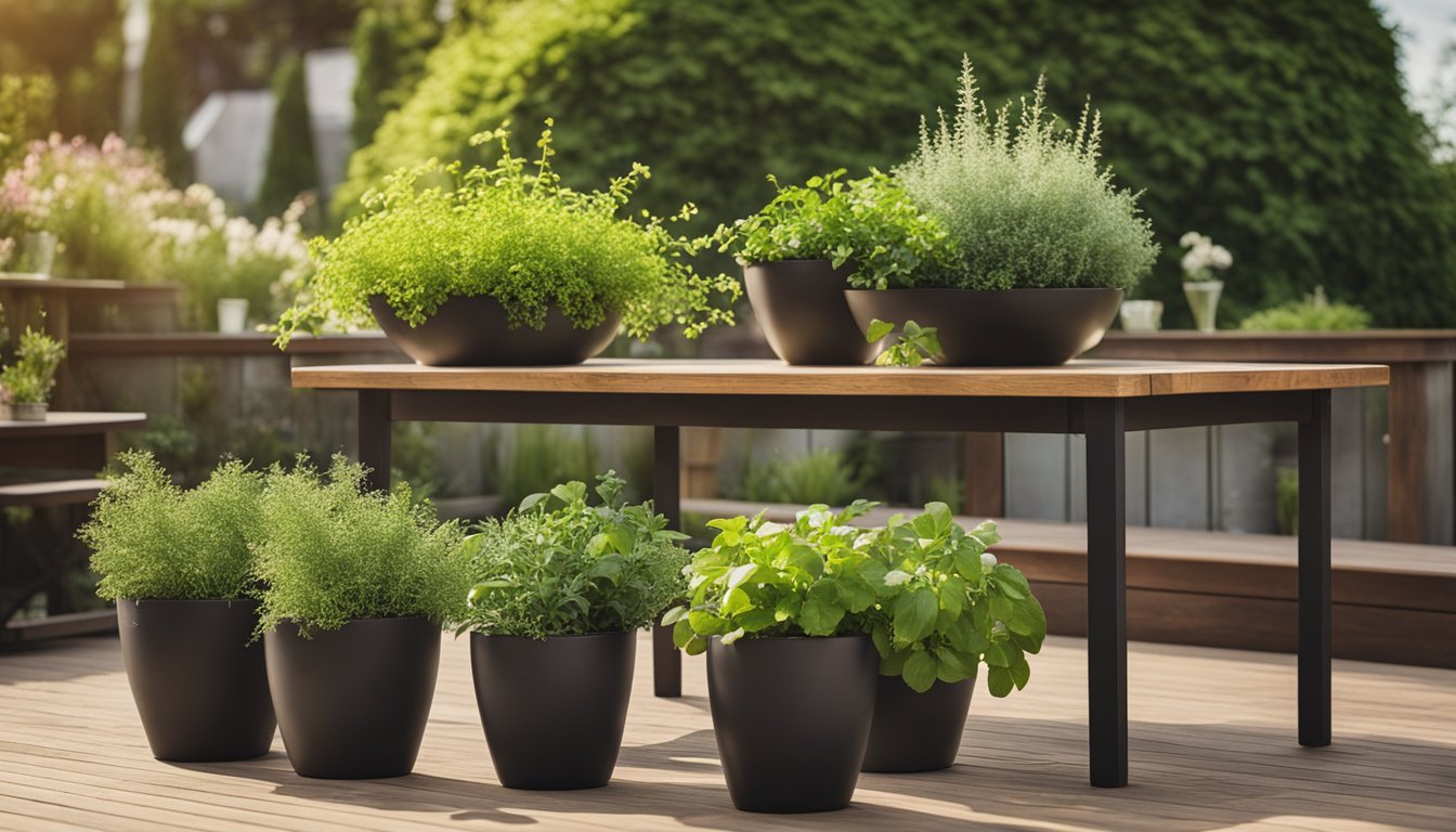 Large herb-filled planters on a wooden patio, with a small table and chairs, surrounded by a sunny garden of lush greenery