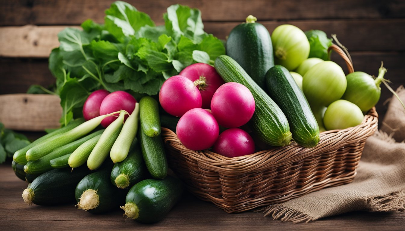 Freshly picked zucchinis, cucumbers, and radishes arranged in a rustic basket