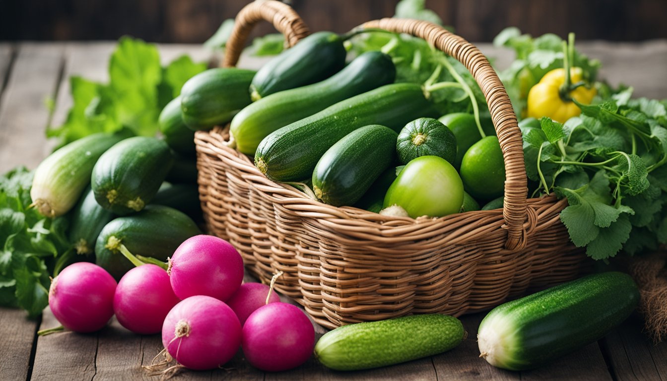 Freshly picked zucchinis, cucumbers, and radishes arranged in a rustic basket