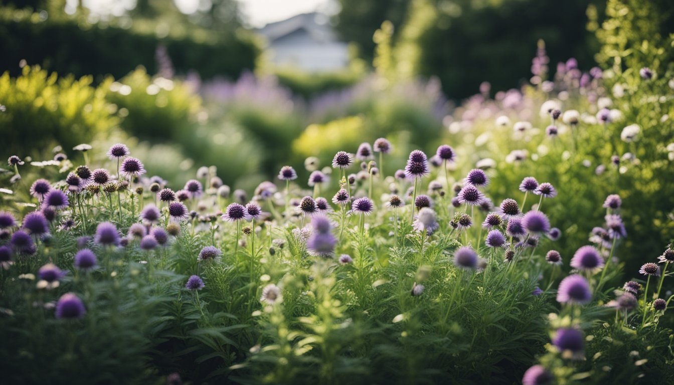 A lush herb garden with labeled lavender, chamomile, and echinacea