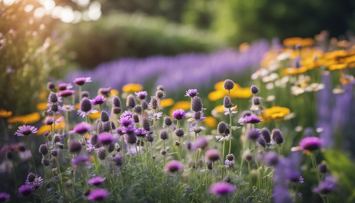 The vibrant herb garden showcases lavender, chamomile, and echinacea, with labeled uses