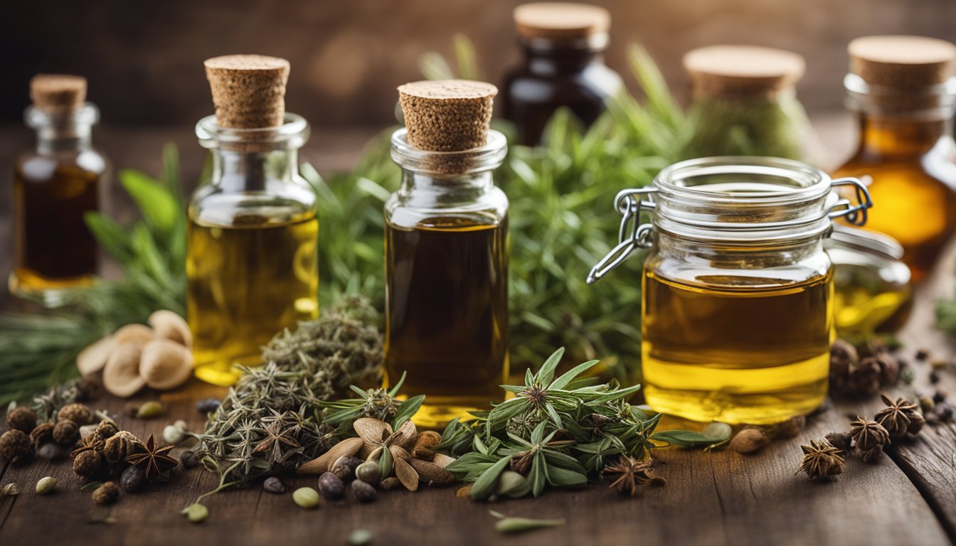 Dried herbs, tinctures, and oils neatly arranged on a rustic table