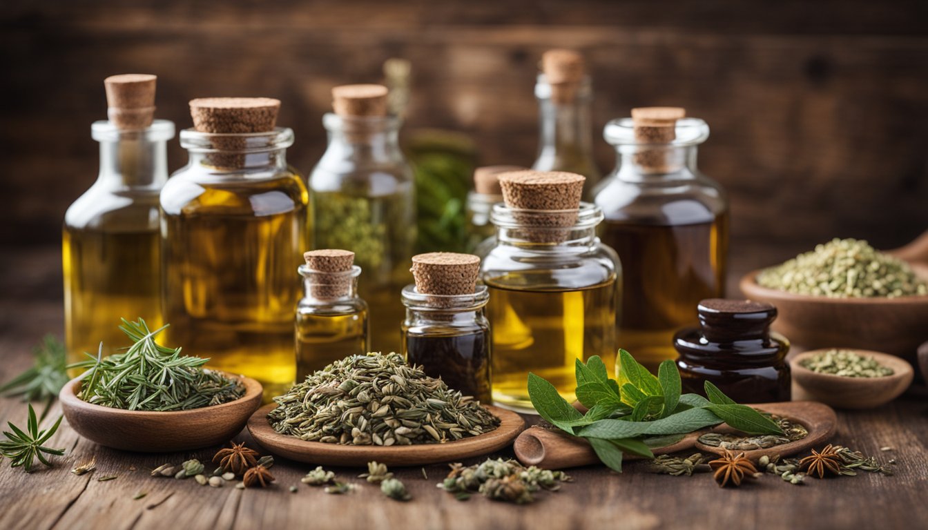 Dried herbs, tinctures, and oils neatly arranged on a rustic wooden table