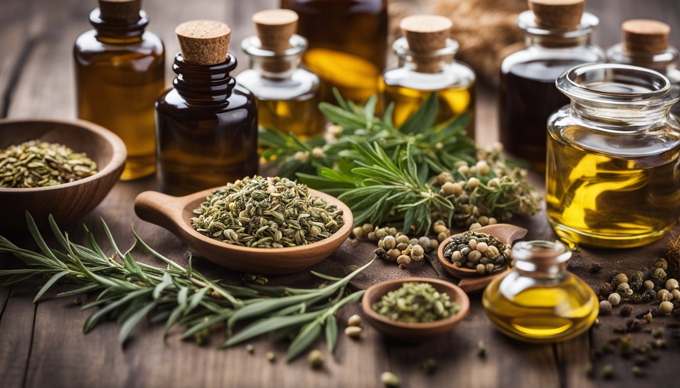 Dried herbs, tinctures, and oils neatly arranged on a wooden table