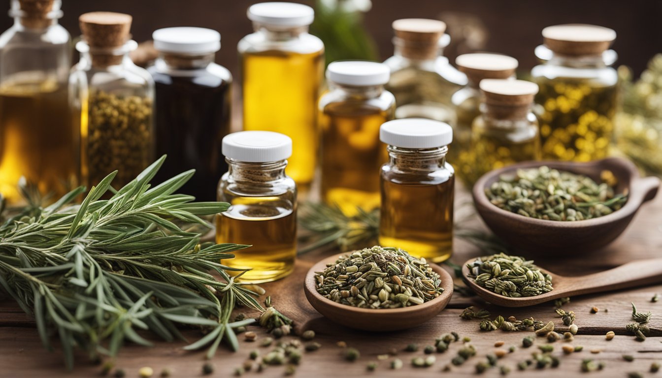 Dried herbs, tinctures, and oils neatly arranged on a rustic wooden table