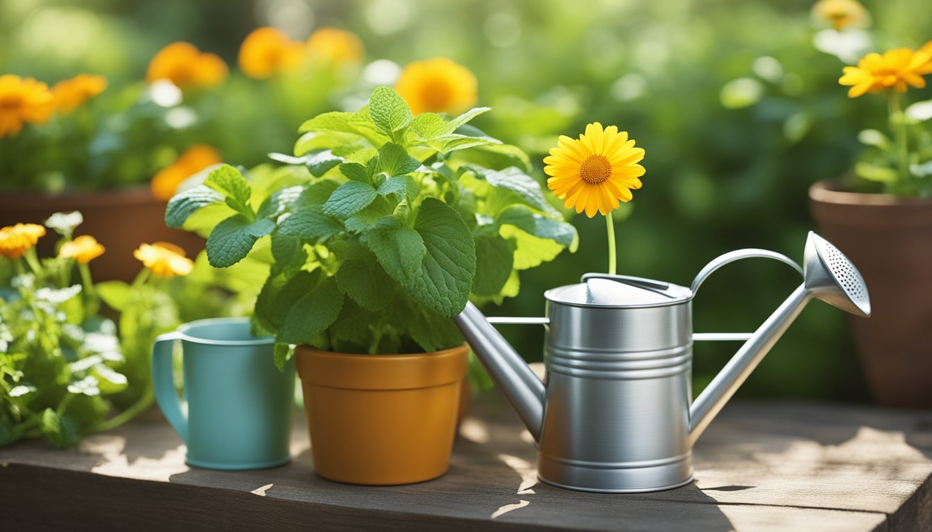 Peppermint, lemon balm, and calendula thrive in a tranquil herb garden, surrounded by tools and a watering can