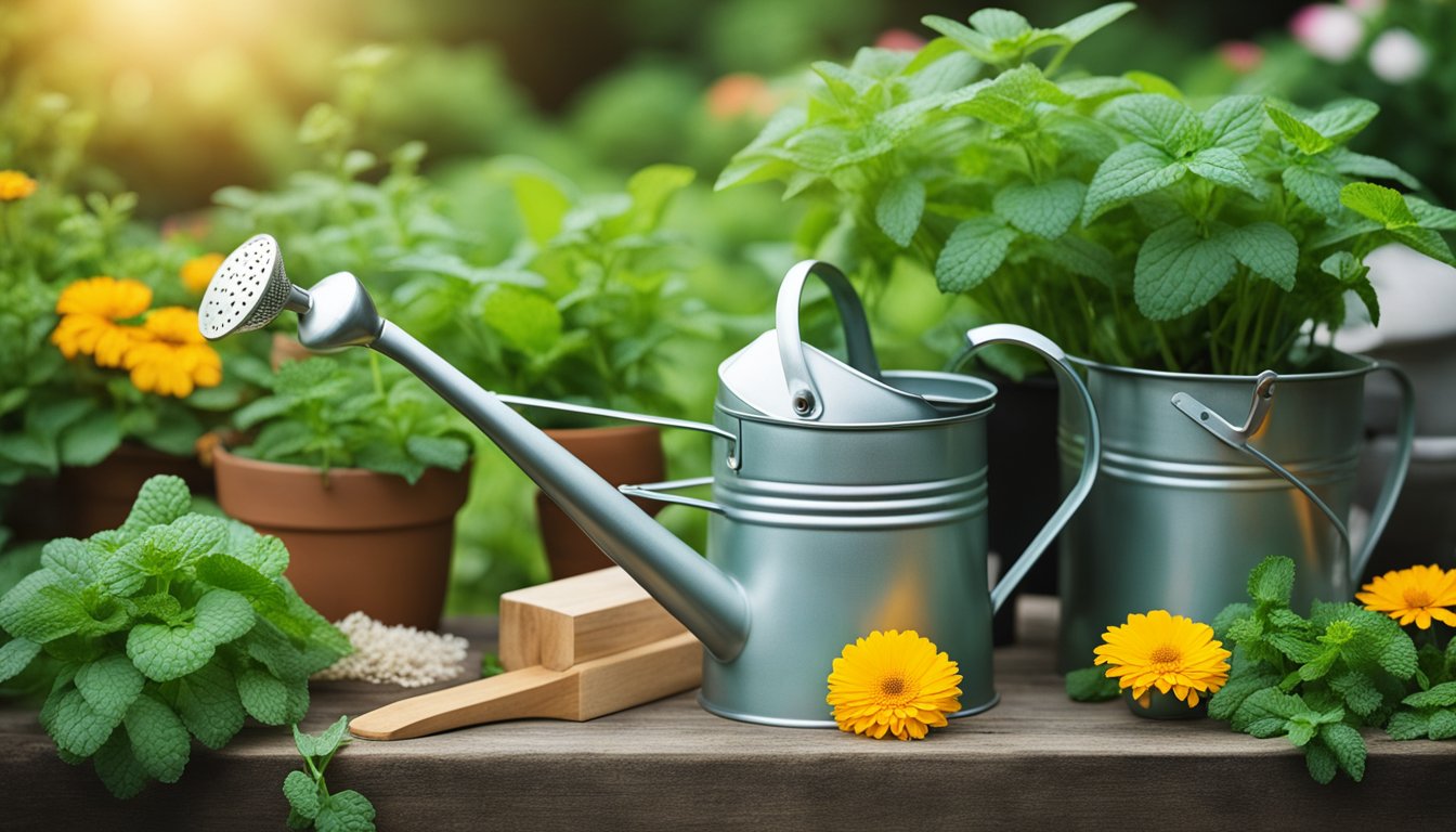 Lush garden corner with peppermint, lemon balm, and calendula. Surrounding tools and watering can