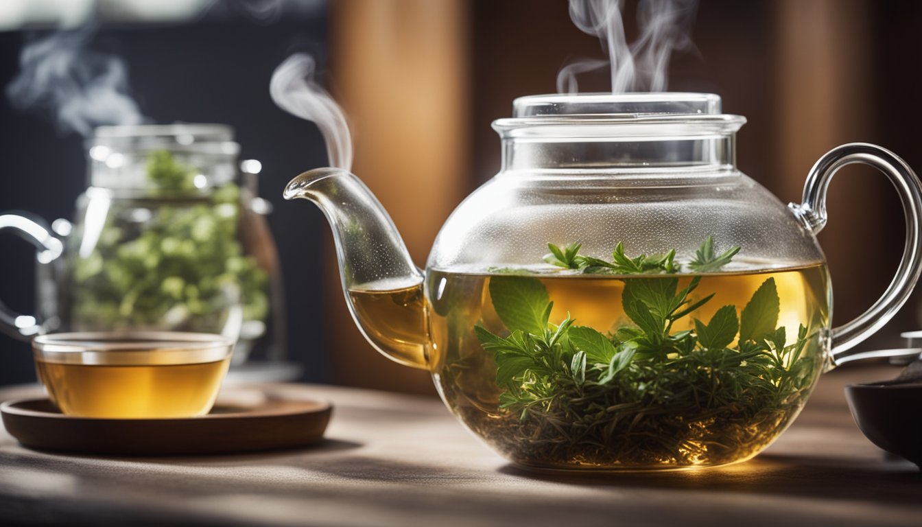 Herbal infusions being steeped in teapots and jars, with steam rising and a calming atmosphere