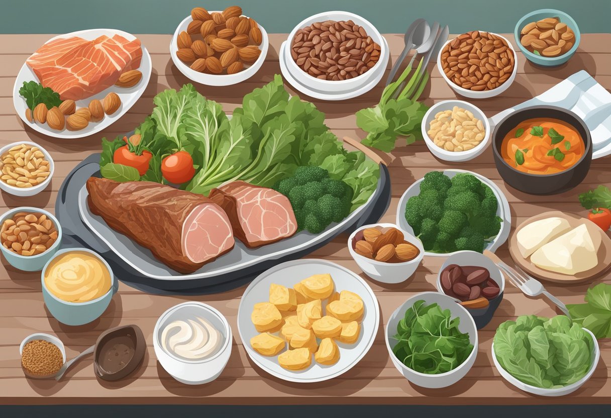 A table set with a variety of keto-friendly foods, including lean meats, leafy greens, nuts, and low-carb vegetables, with a plate and utensils