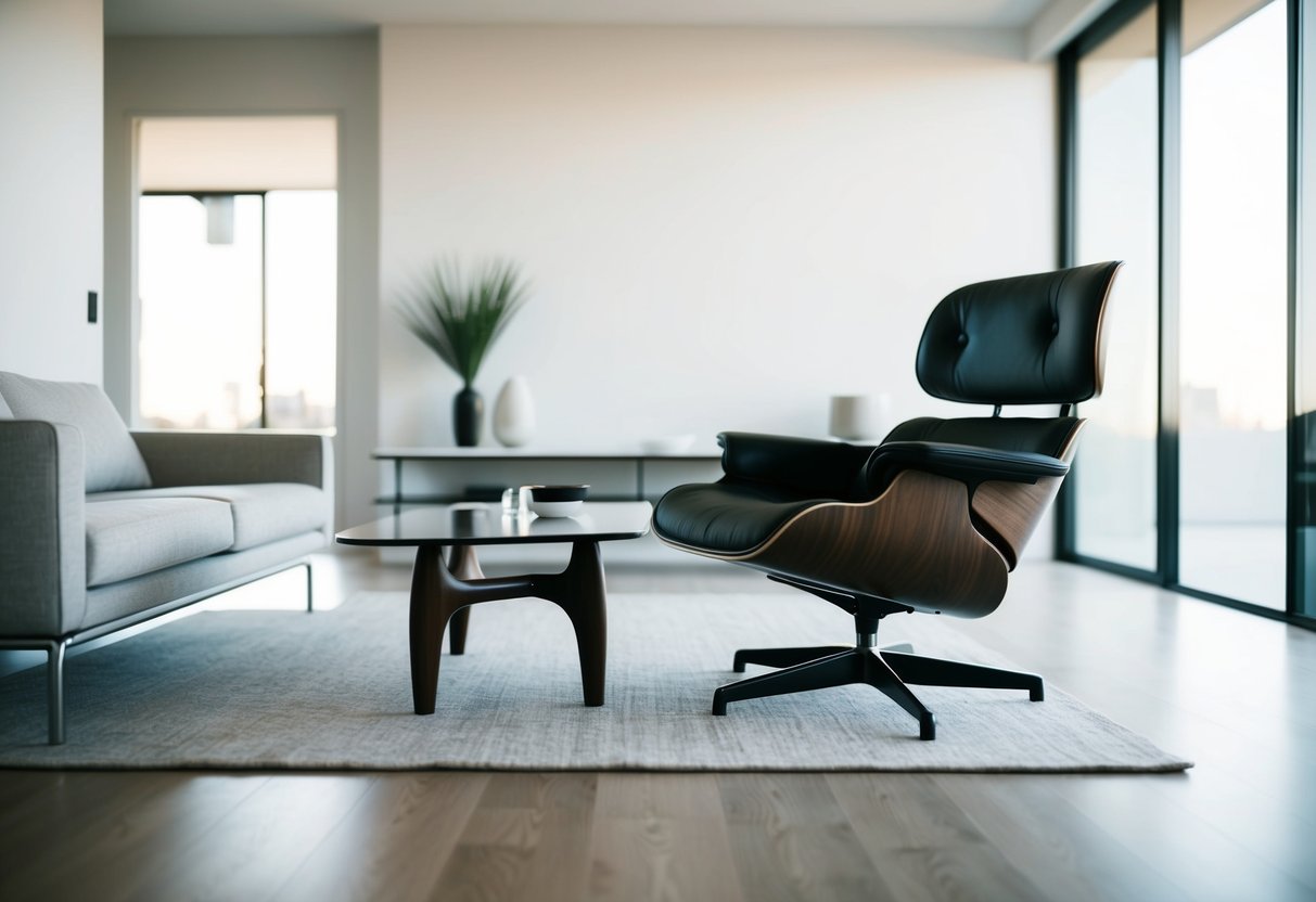 Ein eleganter Eames-Stuhl-Replika steht in einem modernen, minimalistischen Wohnzimmer mit klaren Linien und neutralen Tönen.