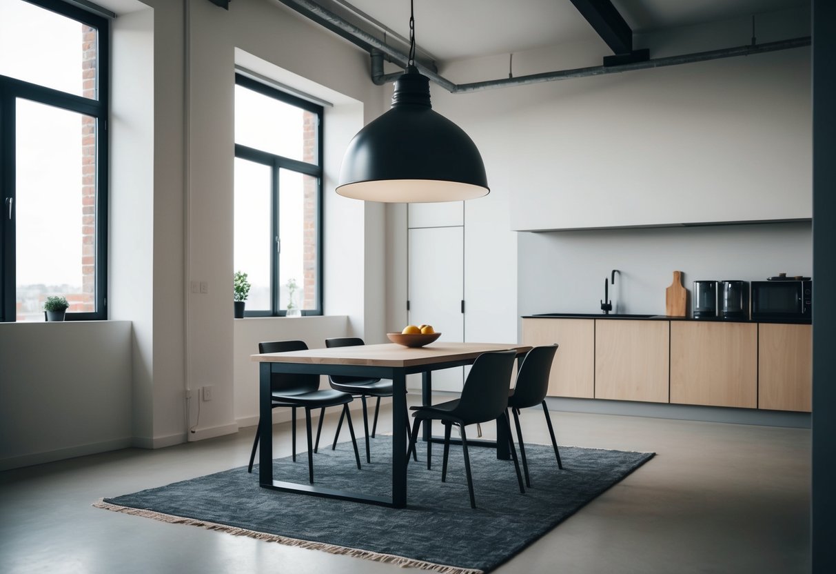 Ein minimalistisches Industrie-Loft mit einer großen Pendelleuchte und einfacher Möbel.